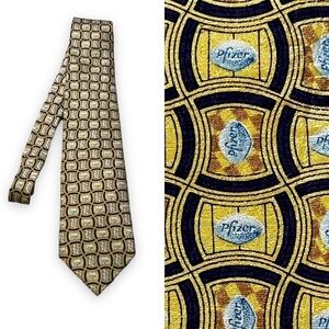 Pfizer 100% Silk Tie Little Blue Pill Pharma Rep Gag Gift Gold Yellow